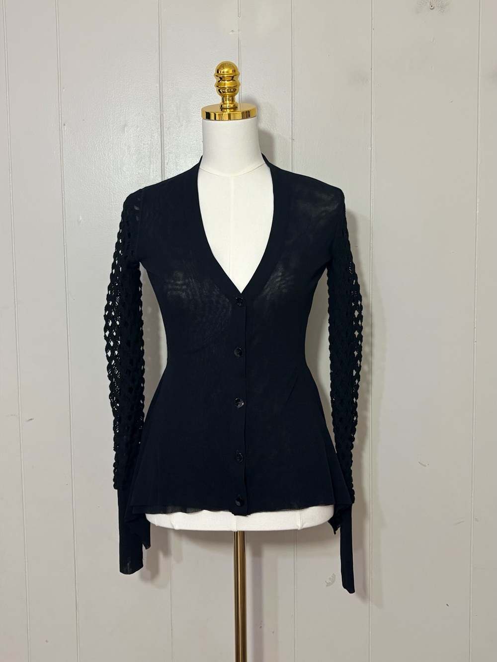 Fuzzi Black Crochet Sleeve Button Front Cardigan Size S